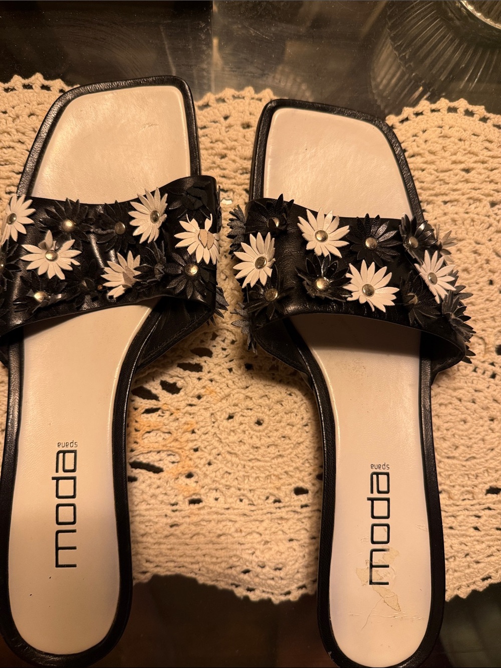 Moda Spana Black Slide Mules with White Floral Stud Detail